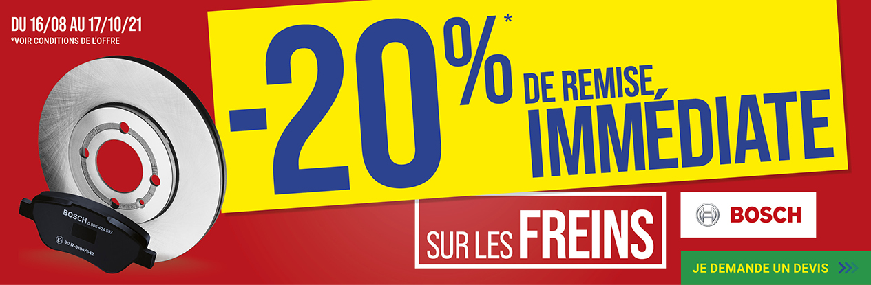 -20% de remise immédiate sur les freins pour l’achat d’un article freinage de marque BOSCH