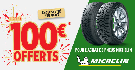 Jusqu'à 100€ offerts pour l'achat de pneus MICHELIN  		