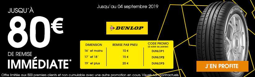 Jusqu'à 80€ de remise pour l'achat de pneus Dunlop