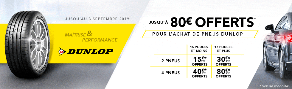 Jusqu'à 80€ offerts pour l'achat de pneus Dunlop