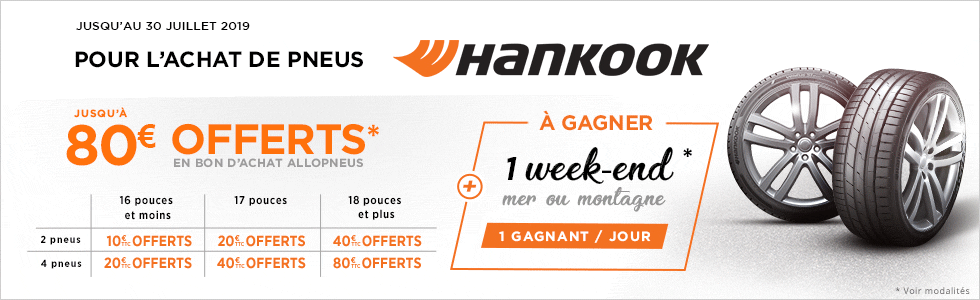 Jusqu'à 80€ pour l'achat de pneus Hankook